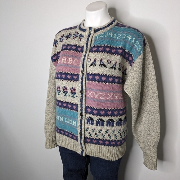 Vintage Woolrich tan blue pink school teacher wool blend button up cardigan M - Picture 4 of 8